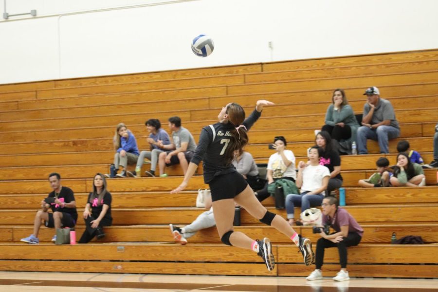 Outside Hitter Nadine Oronoz #7, sophomore at Rio Hondo College serves the ball against Desert College on Oct. 26, 2022.