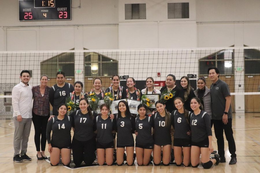 Rio Hondo's Women's Volleyball team poses for a team picture after their victory win of 3-1. This marks their seventh-game winning streak.