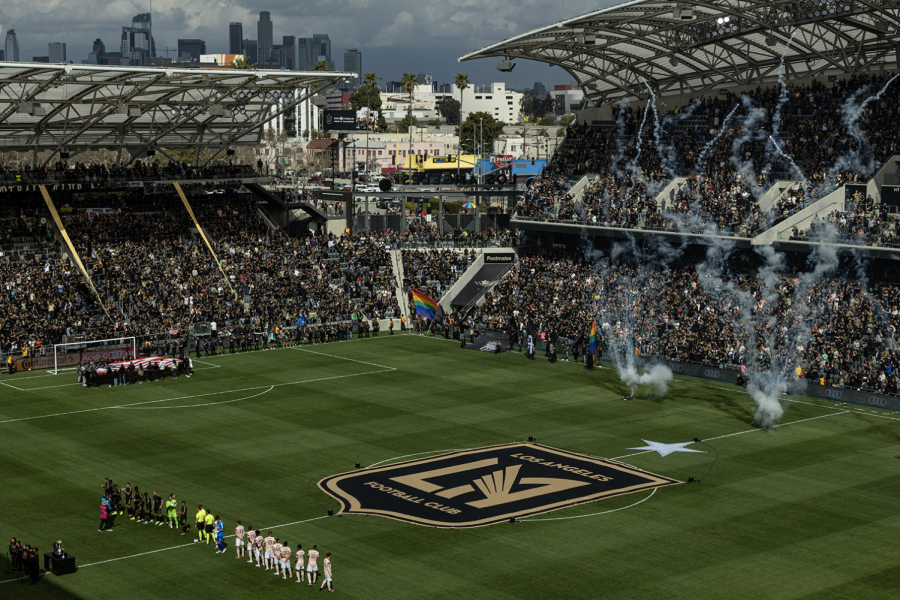 LAFC and the Portland Timbers right after Los Angeles' championship celebration before the kickoff 