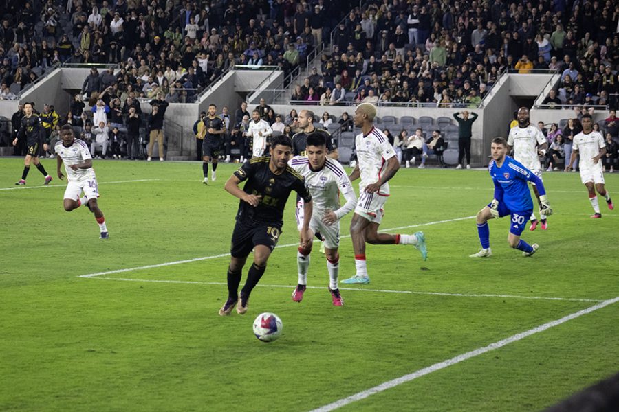 Los Angeles Football Club's captain Carlos Vela fighting for the ball in oppositions area while the score was 1-1 at the BMO Stadium in Los Angeles, Calif. on Saturday, March 25.