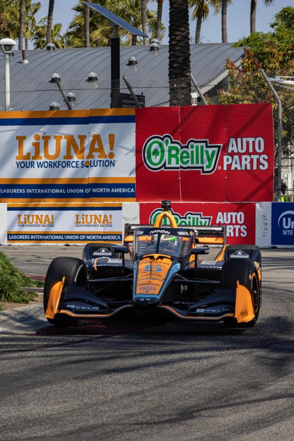 Pato O'Ward (#5) of Arrow McLaren posted the best lap time in the first practice of the 48th Annual Grand Prix of Long Beach with a lap time of 01:06.6999.