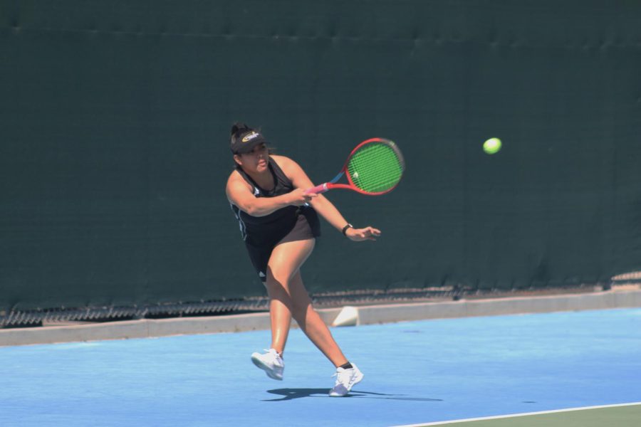 Daisy Haro for Rio Hondo in her match against College of Desert on Tuesday April 4. Haro shwoing fight in her singles game. 