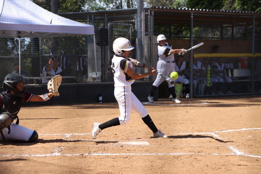 #6 Ashley Bravo makes contact with a fastball in Friday's game against Mt. Sac. 