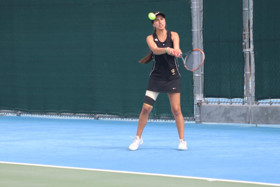 Nicole Lule in her singles game versus Mount San Antonio College on Thursday March 23 at Rio Hondo College.