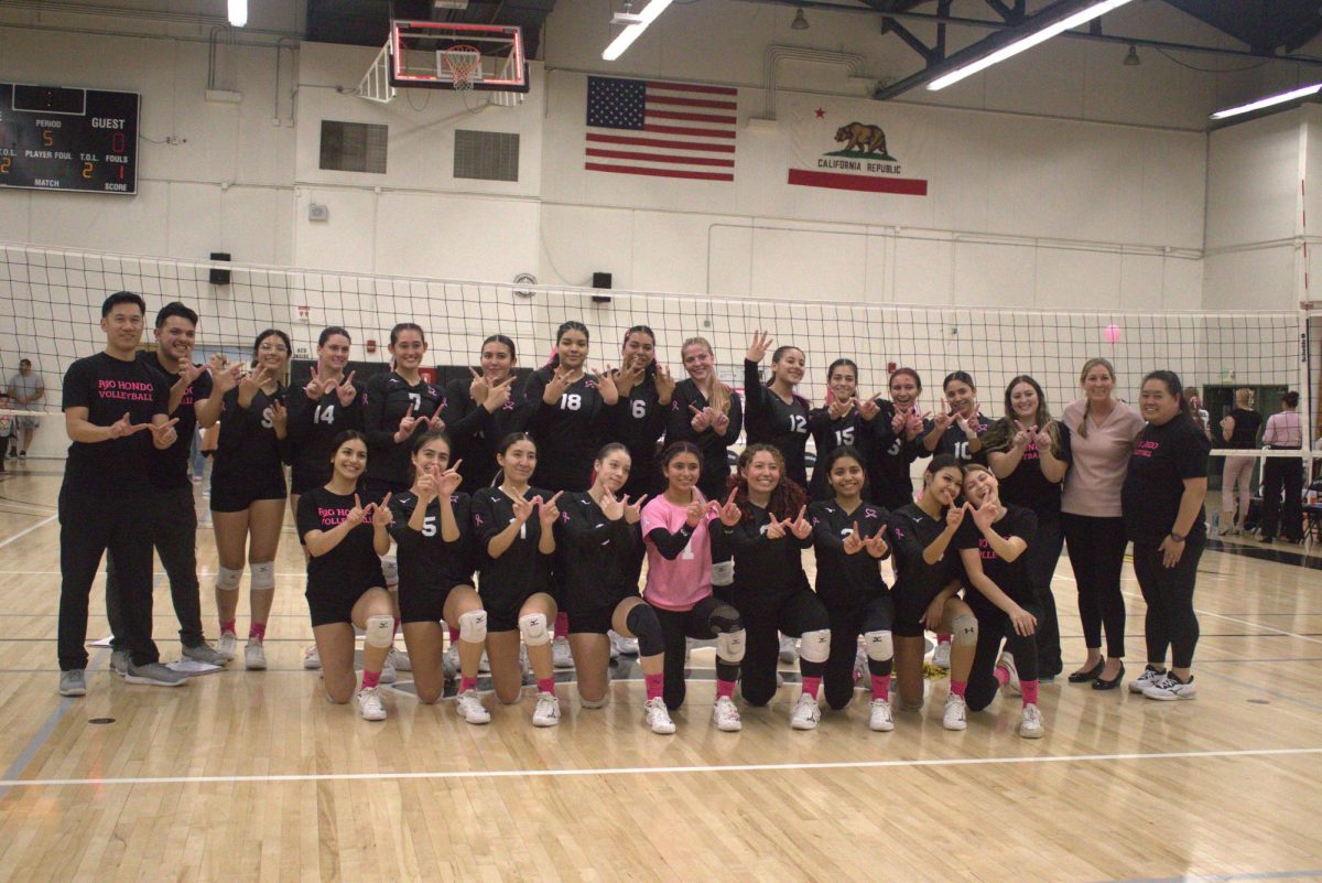 The women's volleyball team celebrating a tough win versus Mt. SAC at the Rio Hondo Gym on October 25.