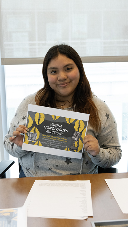 Student Estefany Olivares on her second day of auditions for the vagina monologues on Feb 19 in the student union. 