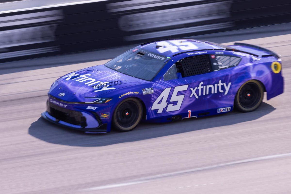 Mar 22, 2026; Darlington, South Carolina, USA; 23XI Racing Tyler Reddick (45) runs in the Goodyear 400 at Darlington Raceway. Mandatory Credit: Scott Kinser-Imagn Images