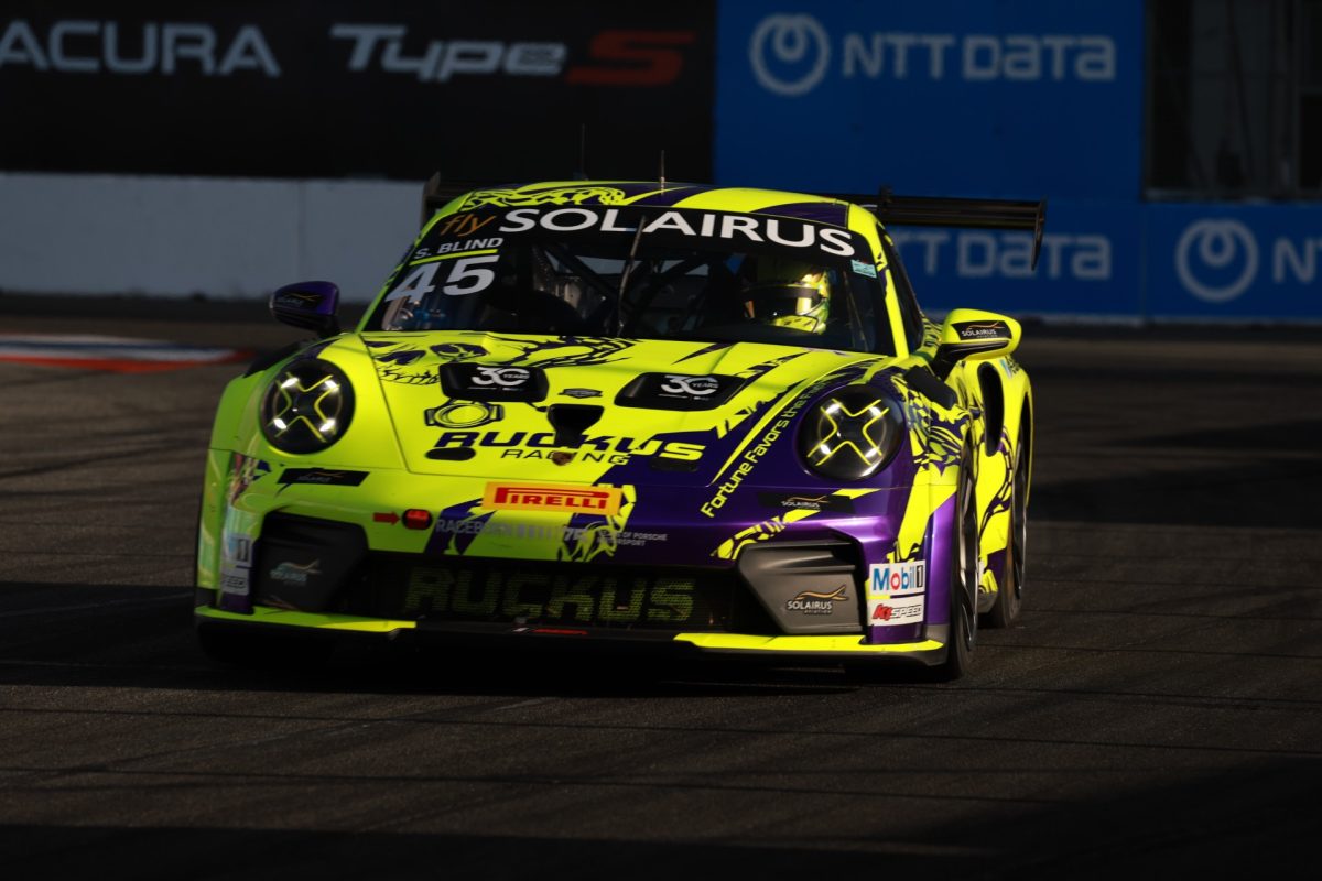 Scott Blind drives the #45 Porsche GT3 992.2 while practicing for the Porsche Carrera Cup at the 2026 Long Beach Grand Prix in Long Beach, California.