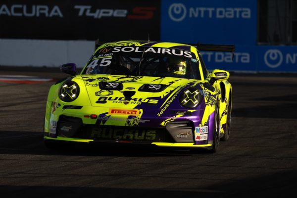 Scott Blind drives the #45 Porsche GT3 992.2 while practicing for the Porsche Carrera Cup at the 2026 Long Beach Grand Prix in Long Beach, California.