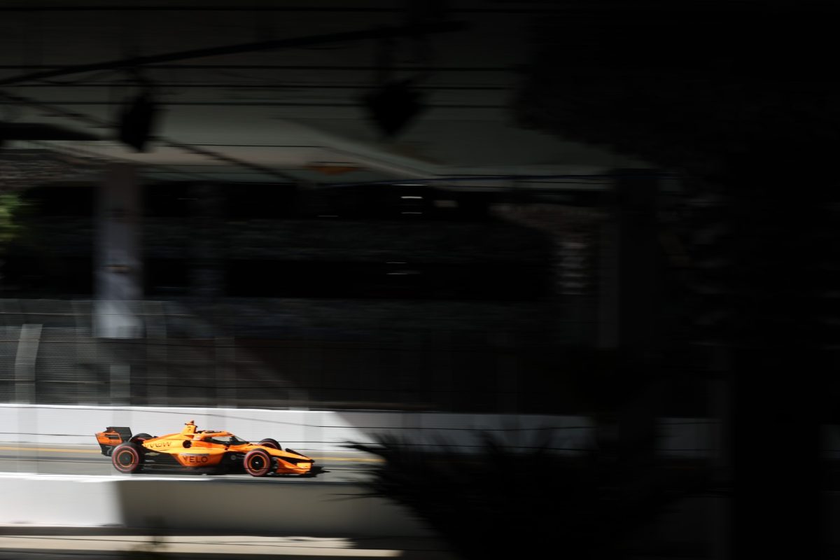 The #7 Arrow McLaren Chevrolet driven by Danish driver Christian Lundgaard practices for the 2026 Long Beach Grand Prix.