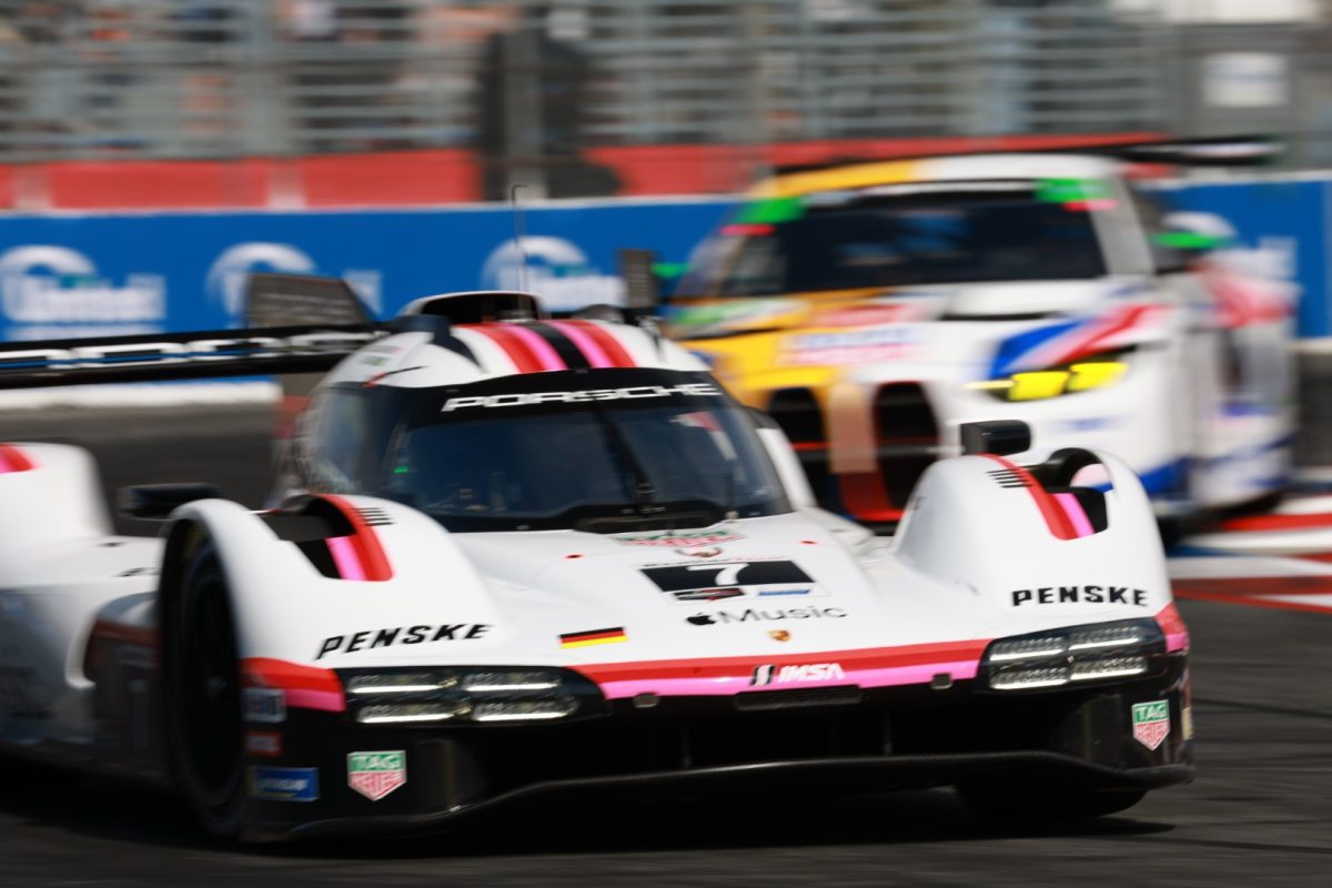 Felipe Nasr drives the #7 Porsche Penske Motorsports 963 GTP car during IMSA Weathertech Championship's first practice of the 2026 Acura Grand Prix of Long Beach weekend. 